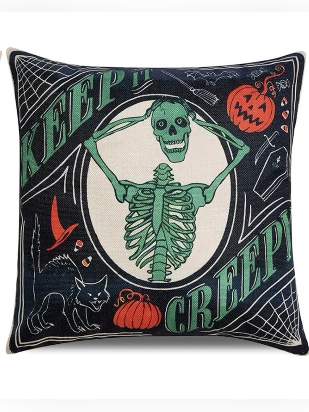 Halloween Creepy Skeleton Decorative Pillow Cover Black & Green